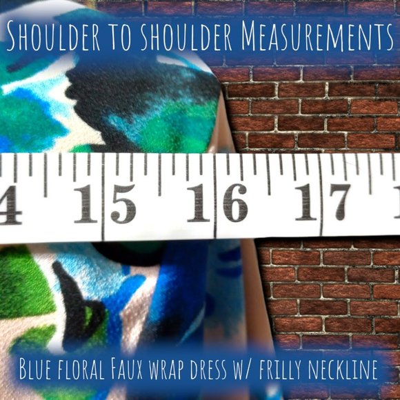Blue Floral Faux Wrap Knee Length Dress w/Frilly Neckline - Picture 6 of 10